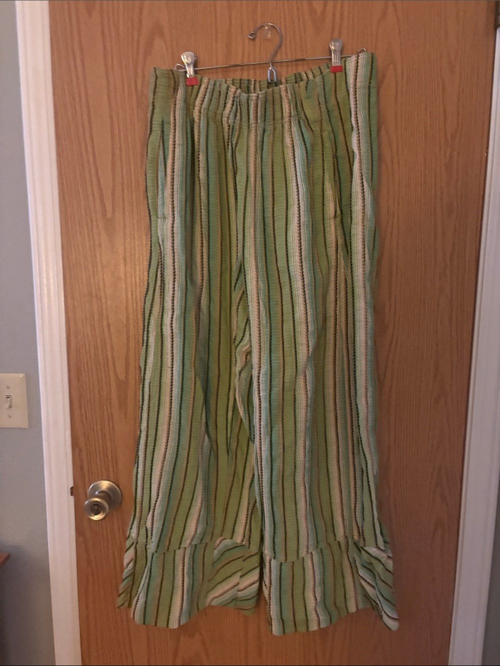 Free People Green Striped Elastic-Waist Wide-Leg Pants